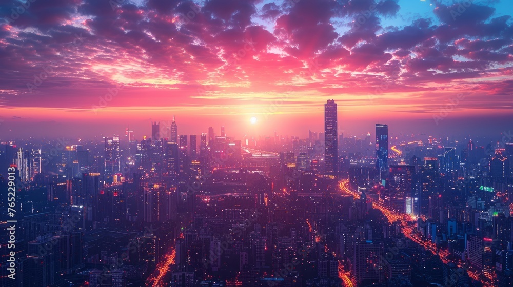 an aerial view of a city at sunset with the sun shining through the clouds - obrazy, fototapety, plakaty 