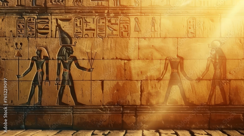 Mysterious Ancient Egyptian Hieroglyphs on Stone Wall, Archeological Discovery Illustration - obrazy, fototapety, plakaty 