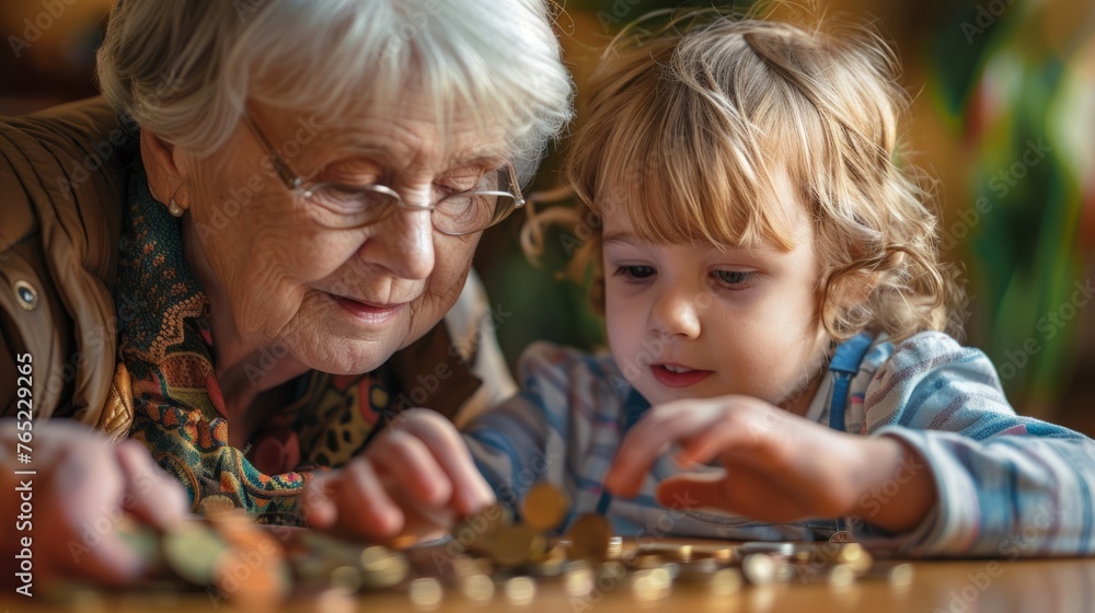 Naklejka premium Grandparents teaching children the importance of saving at an early age. generative ai