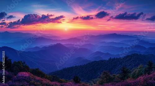 Purple flowers in the foreground with a sunset over mountain range photo