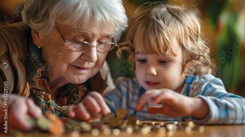 Grandparents teaching children the importance of saving at an early age. generative ai