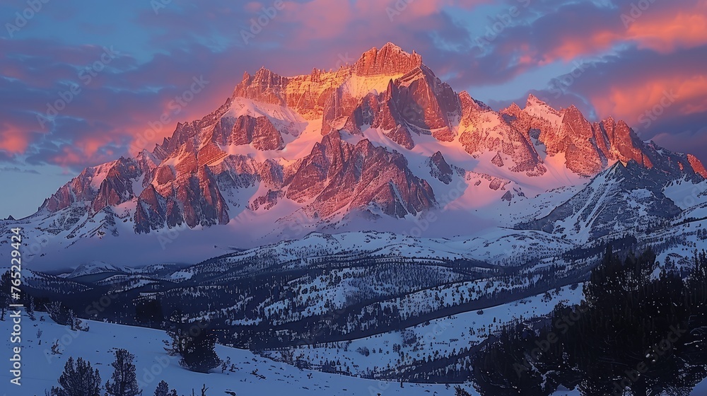 Snowcovered mountain at sunset, with colorful sky and clouds in the background