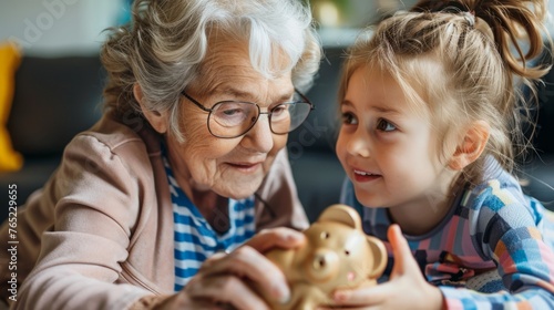 Grandparents teaching children the importance of saving at an early age. generative ai