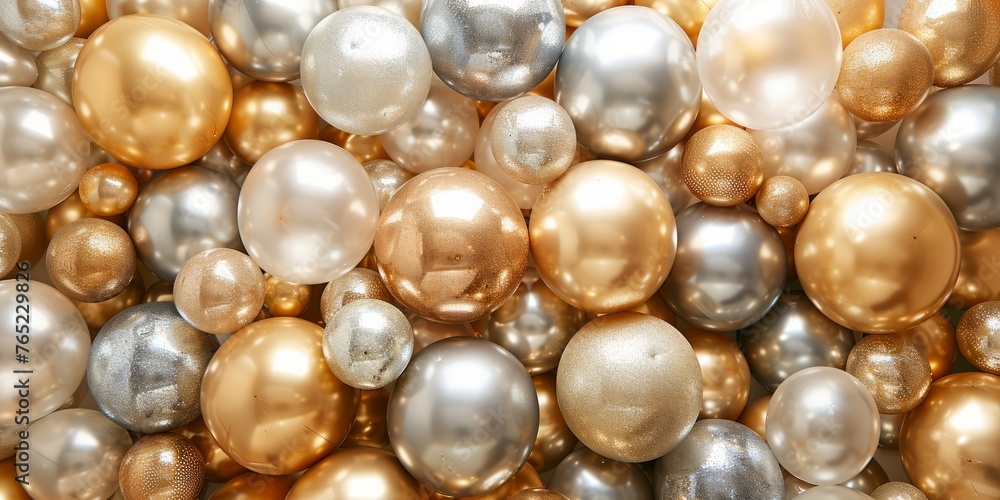 Glamorous Party Scene: Sparkling Festivity with Glittering Gold, Silver, and Multicolor Balloons Glamorous Party Scene: Sparkling Festivity with Glittering Gold, Silver, and Multicolor Balloons