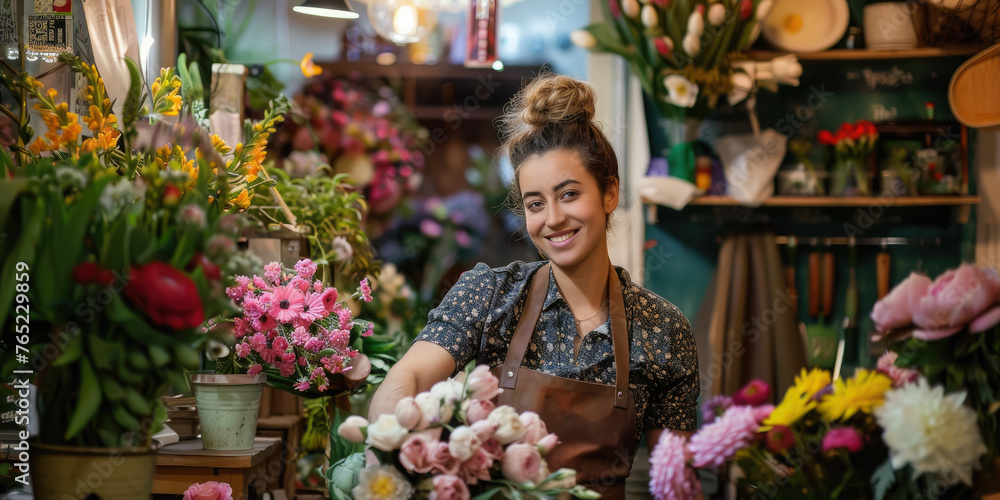 young female florist in an apron makes a bouquet in a flower shop, small business, plants, nature, beauty, girl, woman, seller, worker, employee, holiday, businesswoman, smile, portrait, face