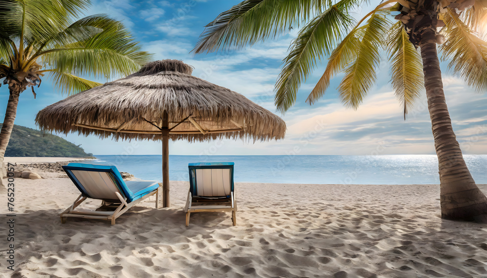 Seaside Serenity: Lounge Chairs Beneath Palm Trees and a Beach Umbrella