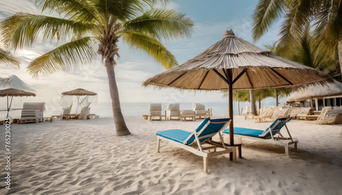 Seaside Serenity: Lounge Chairs Beneath Palm Trees and a Beach Umbrella © PhotoStorm_22