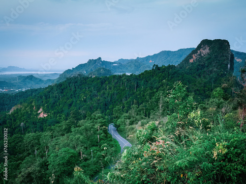 Aerial view of road crossing the mountain at Wang Kelian, Perlis, Malaysia. photo