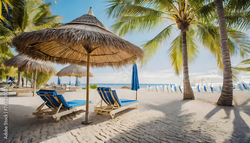 Seaside Serenity  Lounge Chairs Beneath Palm Trees and a Beach Umbrella