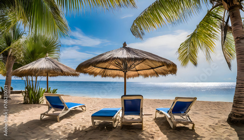 Seaside Serenity  Lounge Chairs Beneath Palm Trees and a Beach Umbrella