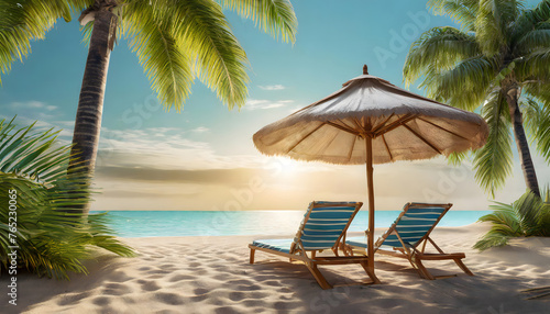 Seaside Serenity  Lounge Chairs Beneath Palm Trees and a Beach Umbrella