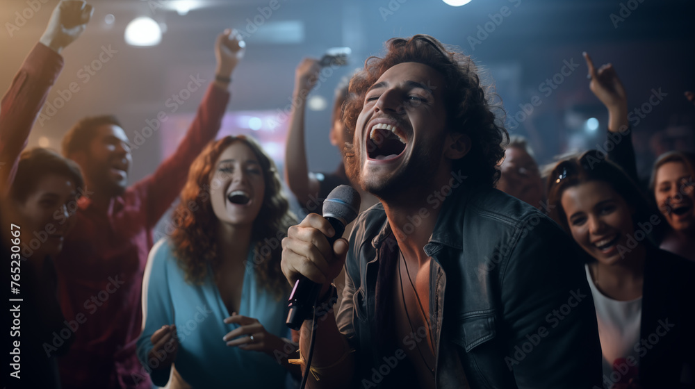 Young adult enjoying and singing at a Karaoke party. Young adult enjoying and singing at a Karaoke party.