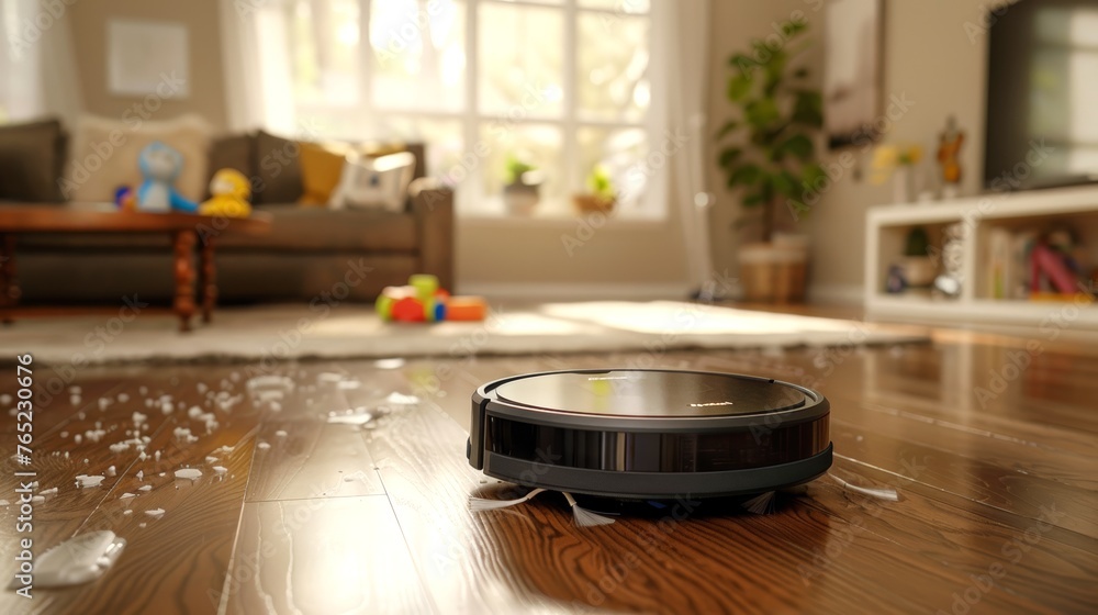 Robotic vacuum cleaner gliding over a hardwood floor in a sunlit living room. Robotic housework assistant. Concept of smart home cleaning, automation, modern appliances, and effortless tidiness. Robotic vacuum cleaner gliding over a hardwood floor in a sunlit living room. Robotic housework assistant. Concept of smart home cleaning, automation, modern appliances, and effortless tidiness.
