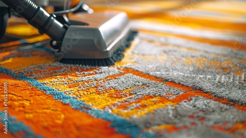 Close-up of a vacuum cleaner head on a colorful striped carpet. Rug cleaning. Home maintenance and cleaning concept for design and print. Detailed household chore
