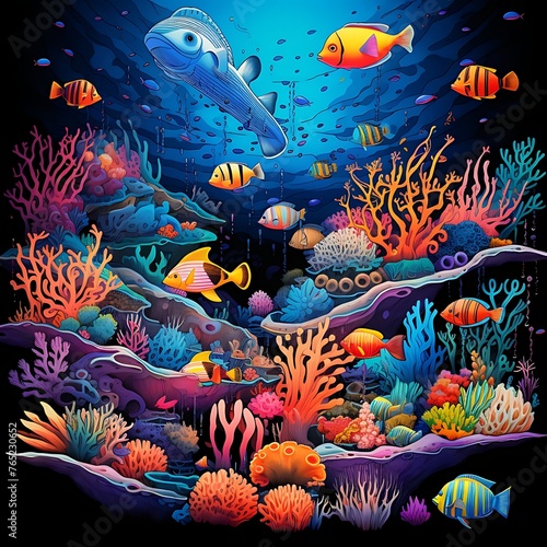 A Whimsical and Artistic Shirt Print Showcasing Colorful Marine Life