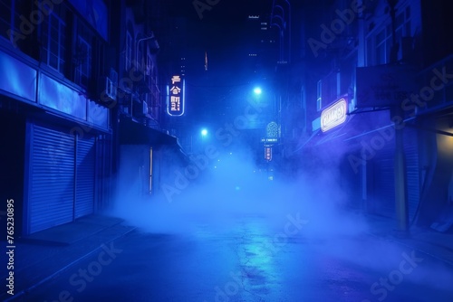 Urban Nocturne Neon-Lit Dark Street on Blue Background Spotlights and Smoke
