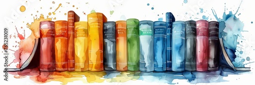 Books in a row. A colorful assortment of books. Concept of education  reading  knowledge  and library collection. Banner. White backdrop. Bright Watercolor illustration. Aquarelle splash