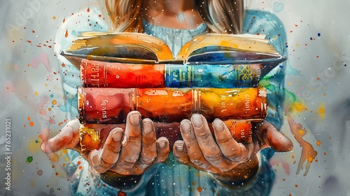 Woman holding a stack of books in her hands. Colorful books in female palms. Concept of education, reading, knowledge, and library collection. Watercolor illustration