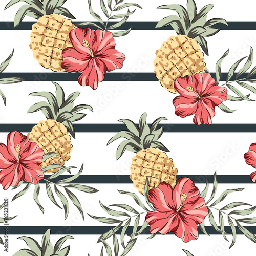 Tropical pink hibiscus flowers, pineapples, palm leaves, striped background. Vector seamless pattern. Jungle illustration. Exotic plants and fruits. Summer beach floral design. Paradise nature