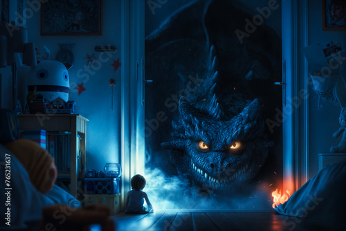 a monster comes through the door in the children's room at night