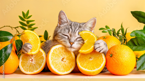 cute cat sleeping between oranges, on yellow background, pets concept