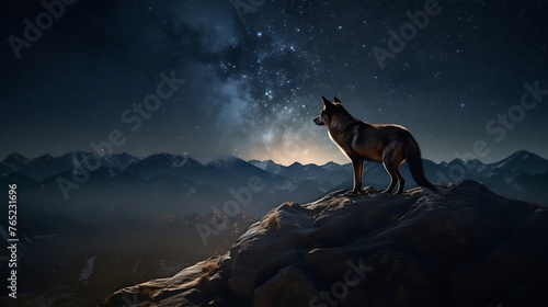 A lone wolf, its silhouette stark against the moonlit sky, embodies the essence of solitude and mystery in the nocturnal realm.