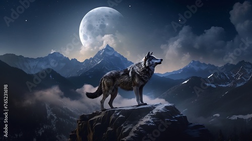 A lone wolf, its silhouette stark against the moonlit sky, embodies the essence of solitude and mystery in the nocturnal realm.





 photo