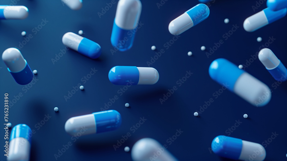 Blue and white pills fallen on a dark blue background. Dynamic pharmaceutical concept. Design for medical banner, health supplement advertisement, pharmacy brochure.