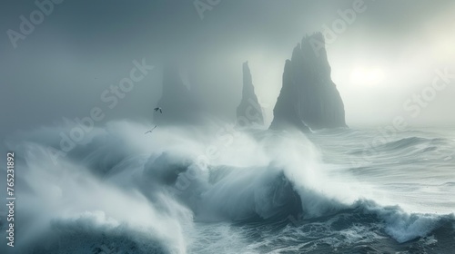 Wind waves crash on rocks in the ocean, under a cloudy sky