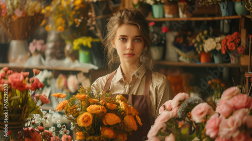 young female florist in an apron makes a bouquet in a flower shop, small business, plants, nature, beauty, girl, woman, seller, worker, employee, holiday, businesswoman, smile, portrait, face © Julia Zarubina