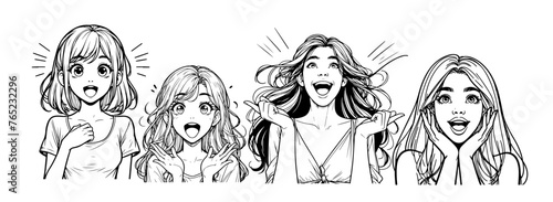 Modern, linear vector logo featuring smiling anime girls in a black and white