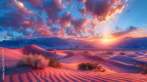 the sun is setting over a desert landscape with sand dunes and mountains in the background
