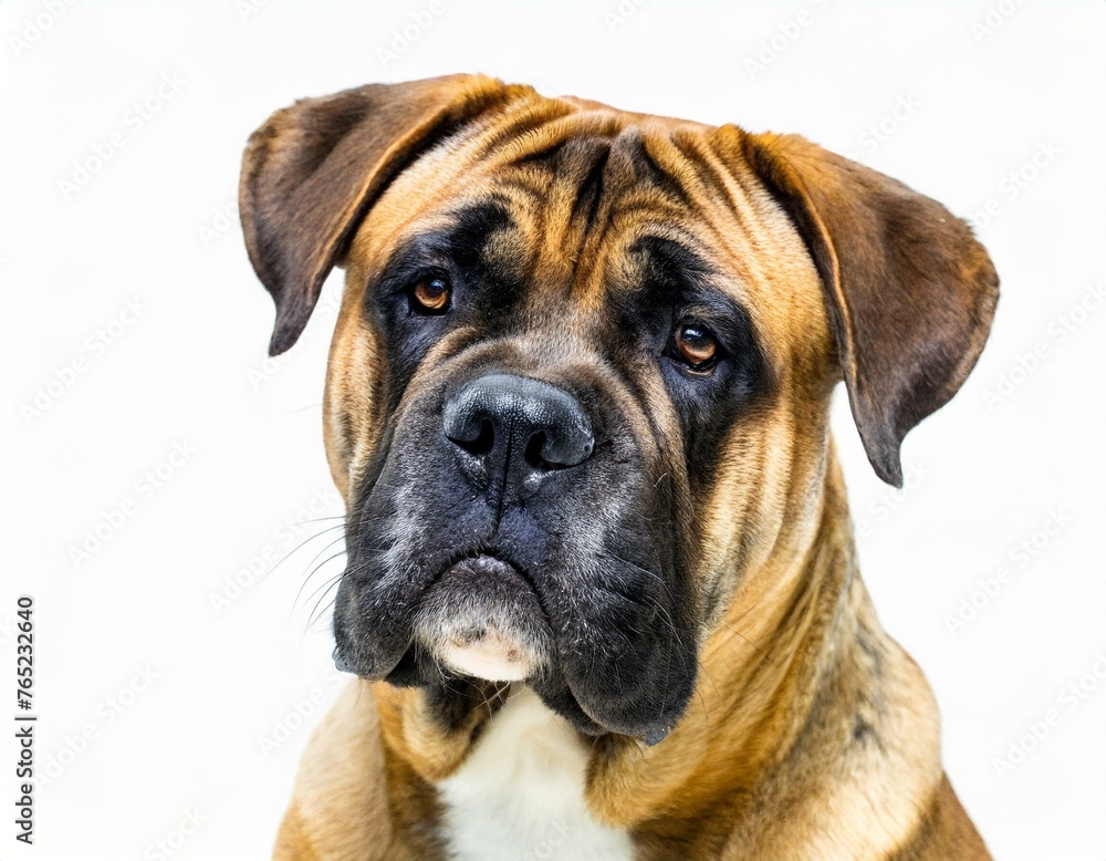 bullmastiff bull mastiff - Canis lupus familiaris - a very large breed of domestic animal with brown and black colors, isolated on white background looking at camera full face and head