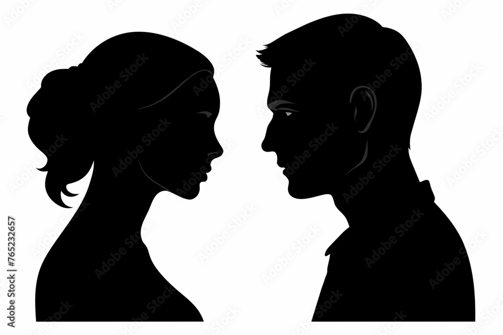 Man and woman silhouette face to face on white background