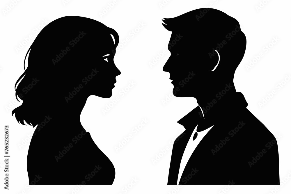 Man and woman silhouette face to face on white background