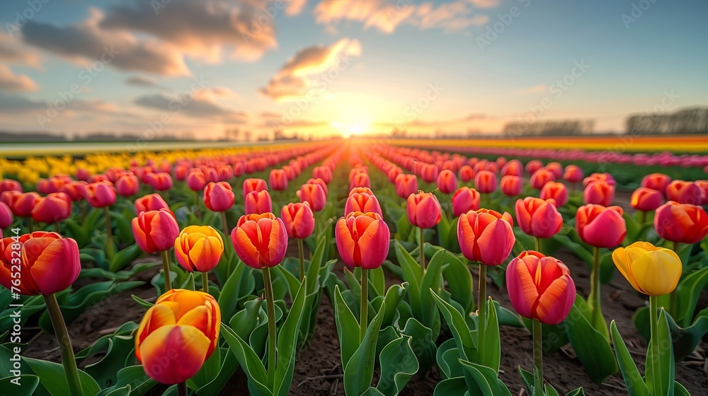 Colorful tulips in a field under the sun with cloudy sky