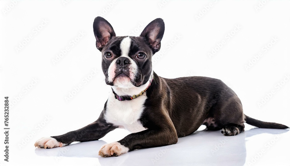Boston Terrier dog - Canis lupus familiaris - a small breed of domestic animal recognized by a tuxedo jacket, compact body, and big, round eyes isolated on white background laying down facing camera