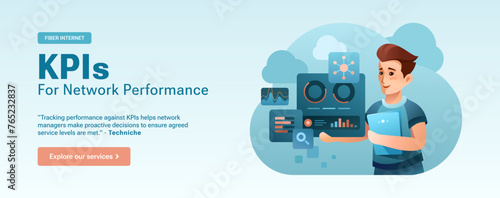 KPIs for Network Performance Ad Banner - Network Infrastructure and Global Internet Connection, Man, Analytics tool, measuring performance