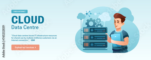 Cloud Data Centre Ad Banner - Network Infrastructure and Global Internet Connection, Man