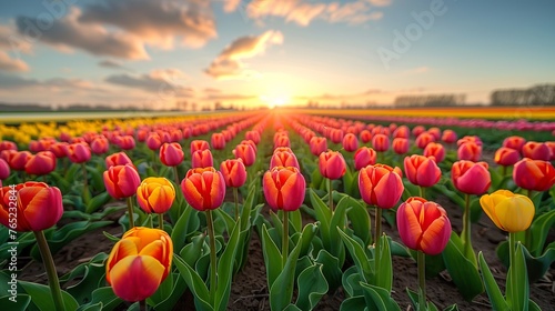 Colorful tulips in a field under the sun with cloudy sky #765232844