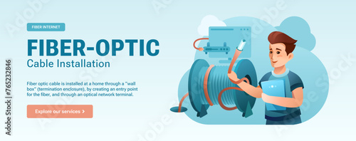 Fiber Optic Cable Installation Ad Banner - Network Infrastructure and Global Internet Connection, Man
