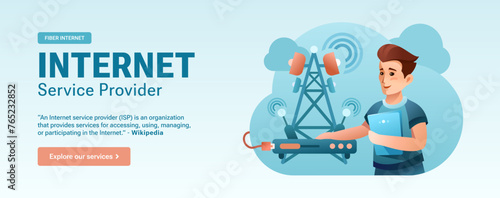 Internet Service Provider Ad Banner - Network Infrastructure and Global Internet Connection, Man