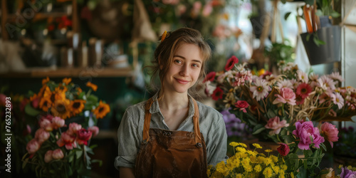 young female florist in an apron makes a bouquet in a flower shop, small business, plants, nature, beauty, girl, woman, seller, worker, employee, holiday, businesswoman, smile, portrait, face © Julia Zarubina