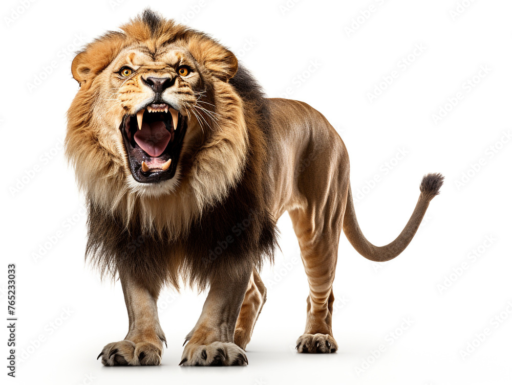 A majestic lion roaring isolated on white background cutout сreated with Generative Ai