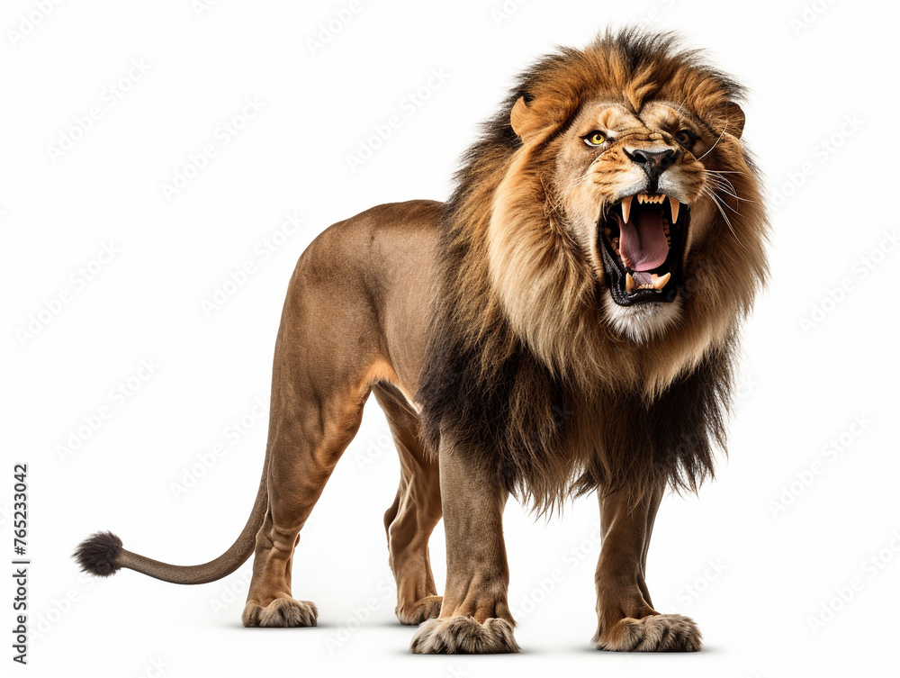 Fototapeta premium A majestic lion roaring isolated on white background cutout сreated with Generative Ai