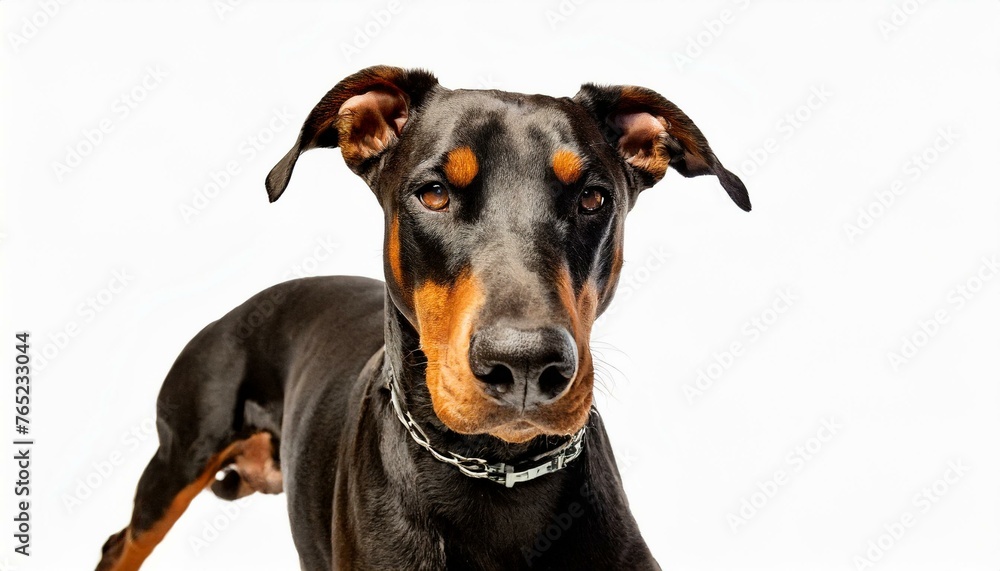 Doberman pinscher dog - Canis lupus familiaris - large slender muscular built domestic animal isolated on white background.  normal non cropped ears, brown and black colors looking towards camera