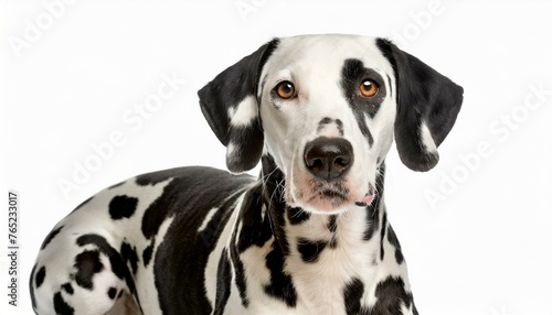 Dalmatian dog - Canis lupus familiaris - medium large breed of domestic animal common in america associated with fire truck and firehouses.  isolated on white background looking at camera © Chase D’Animulls