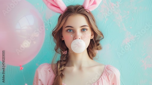 Whimsical Fashion Delight Fashionable Young Woman with Bunny Ears Blowing Bubble Gum Bubble, Playful Style and Creativity with Carefree Vibe 