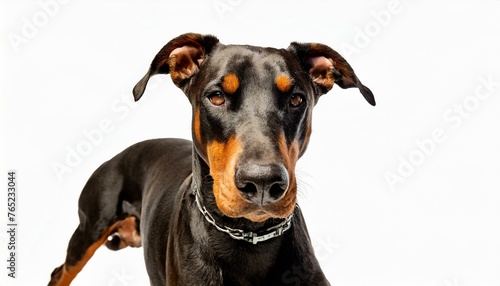 Doberman pinscher dog - Canis lupus familiaris - large slender muscular built domestic animal isolated on white background.  normal non cropped ears, brown and black colors looking towards camera © Chase D’Animulls