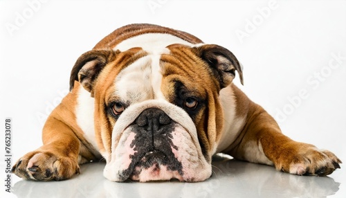English Bulldog - Canis lupus familiaris - large stocky breed of domestic animal brown and white colors with droopy jowls isolated on white background sad face